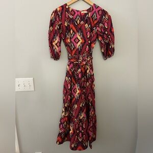 Maude Vivante Pink Ikat Print Yara Belted Midi Dress